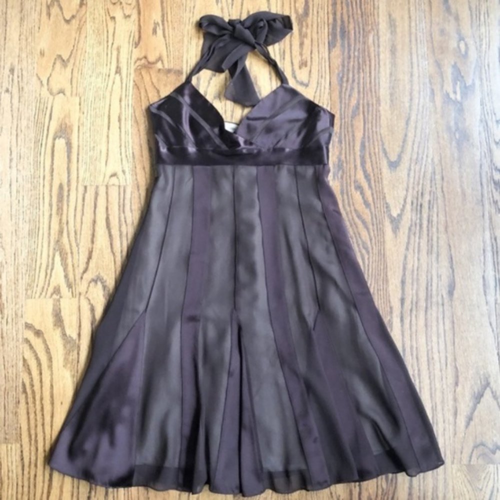 BCBG Max Azria Brown Ribbon Stripe Silk Halter Dress